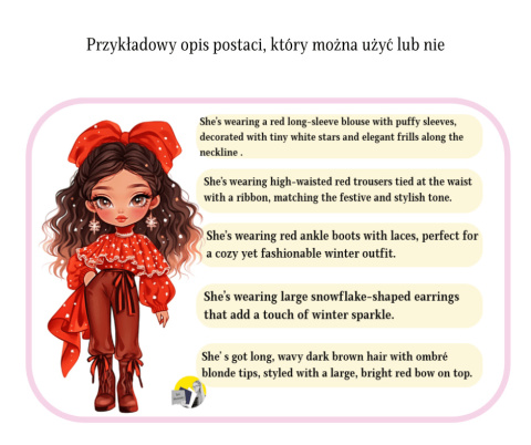 Opis postaci, nauka wzorów, akcesoriów, stopniowanie